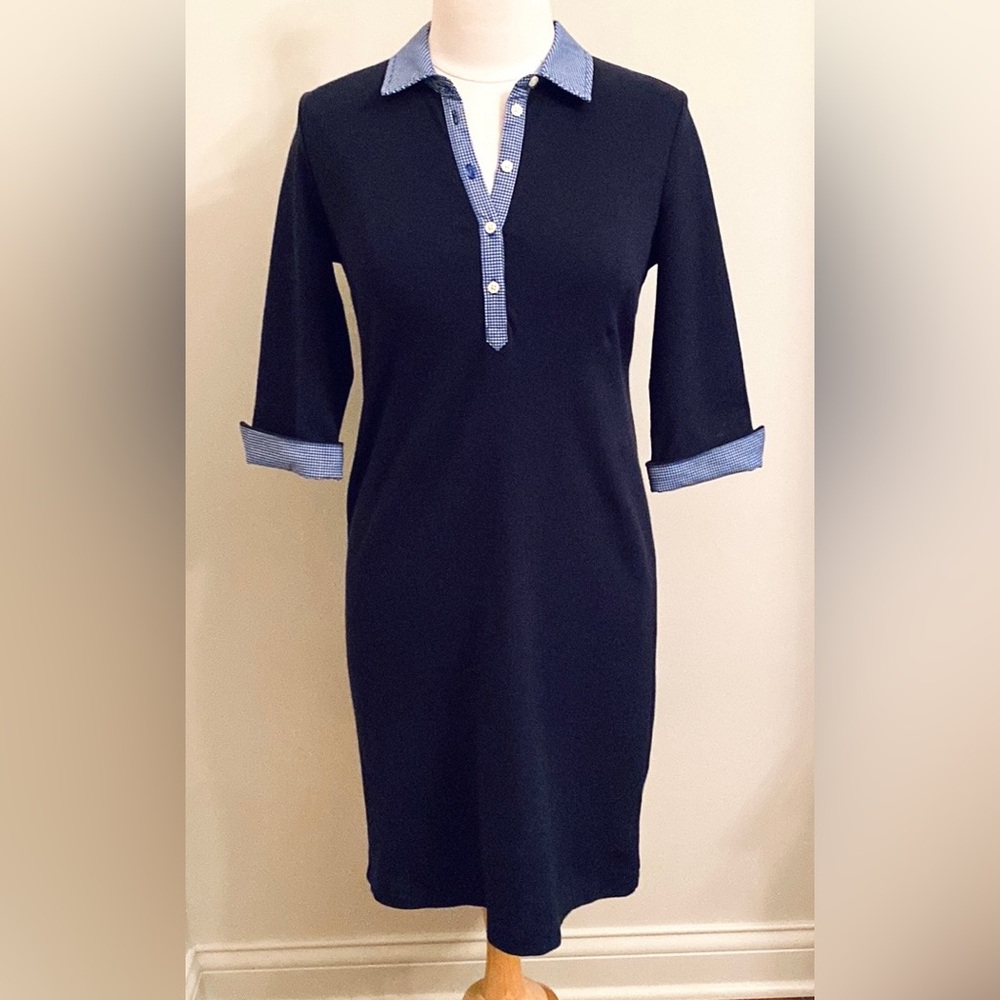 Talbots Petites Navy Blue Gingham Trim Collared 3/4 Sleeve Polo Shirt Dress SP